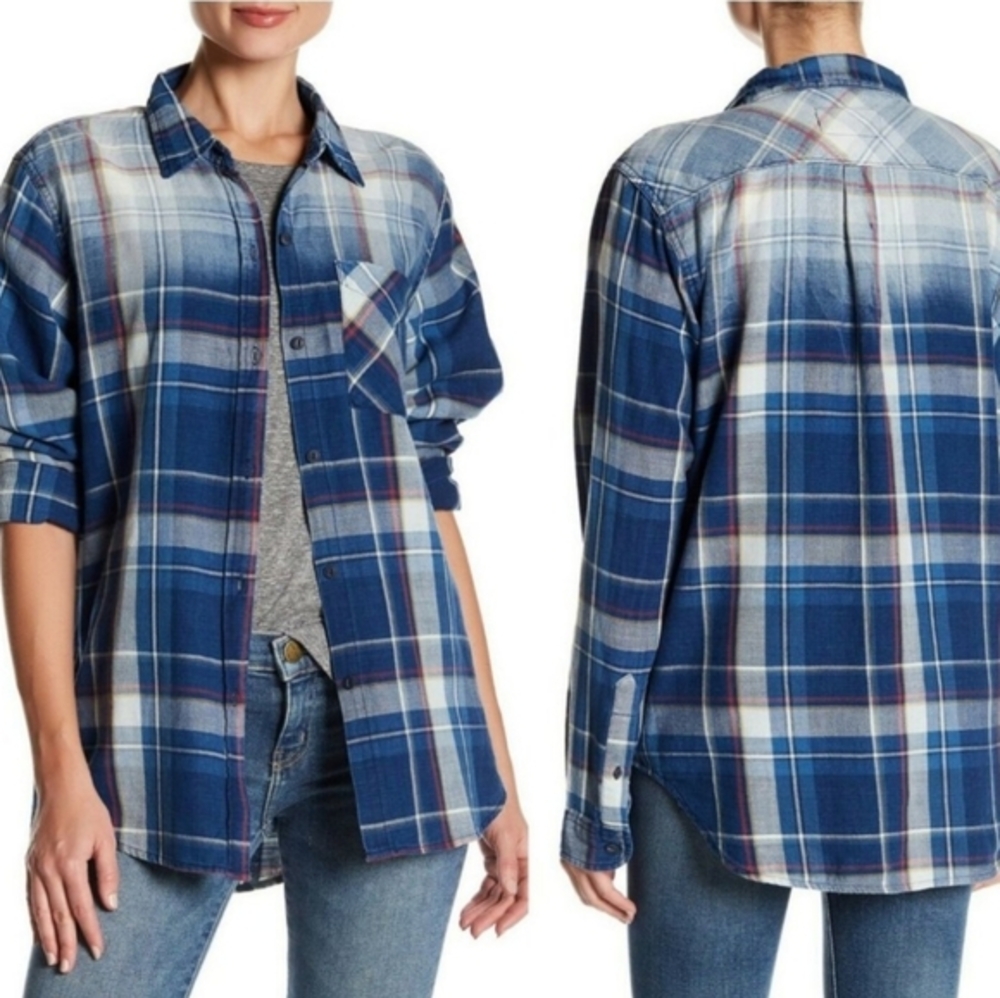 Current/Elliott Blue‎ Ivory Yellow Red Plaid Flannel Button Down Shirt Womens 1